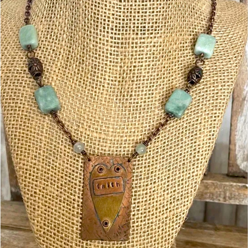 Artisan Handmade Copper Necklace FAITH Heart Stamped Art BOHO NEW